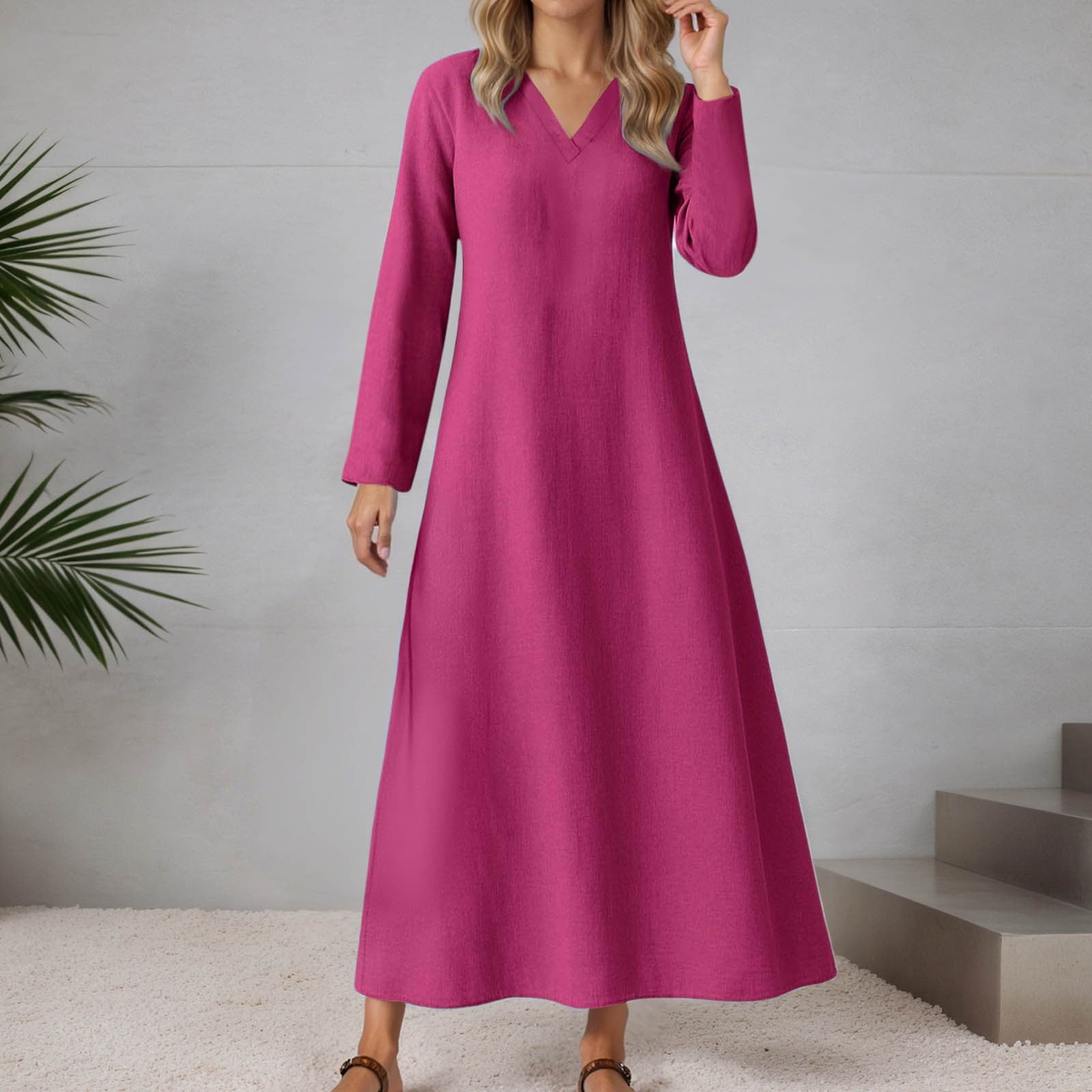 LIIPEE Women Dresses Solid Color Loose Long Sleeve V Neck A-Line Midi Sundress Woman Versatile Climbing Hiking Camping Cycling Dress,Hot Pink,M