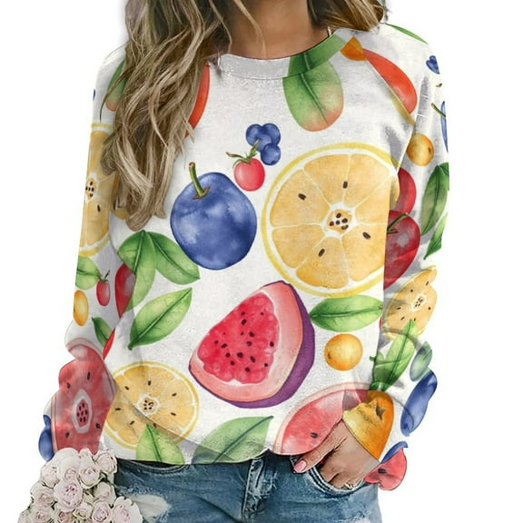 Woman Long Sleeve Field Colorful Fruit Pattern Casual Hoodie Sweatshirts