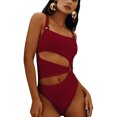 thumbnail image 1 of Traje de baño de 1 pieza para mujer, cuello cuadrado, correa fina recortada, calzoncillos de cintura alta, almohadilla de sujetador extraíble, traje de baño elástico rojo L, 1 of 5