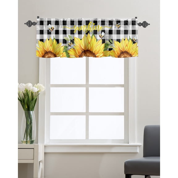 Kitchen Cafe Valance Curtain for Small Windows,Watercolor Sunflower on Black Plaid Rod Pocket Short Valances Sunshine Word and Farm Bee Window Treatment Panel for Living Room/Bedroom/Bathroom,54x18in