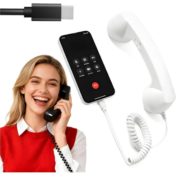 Retro Phone Handset for iPhone, Type-C Retro Handset for Cell Phones, Style Landline Handle Vintage Wired Plug in Handheld Cell Phone Receive for Comfortable Calls (White)