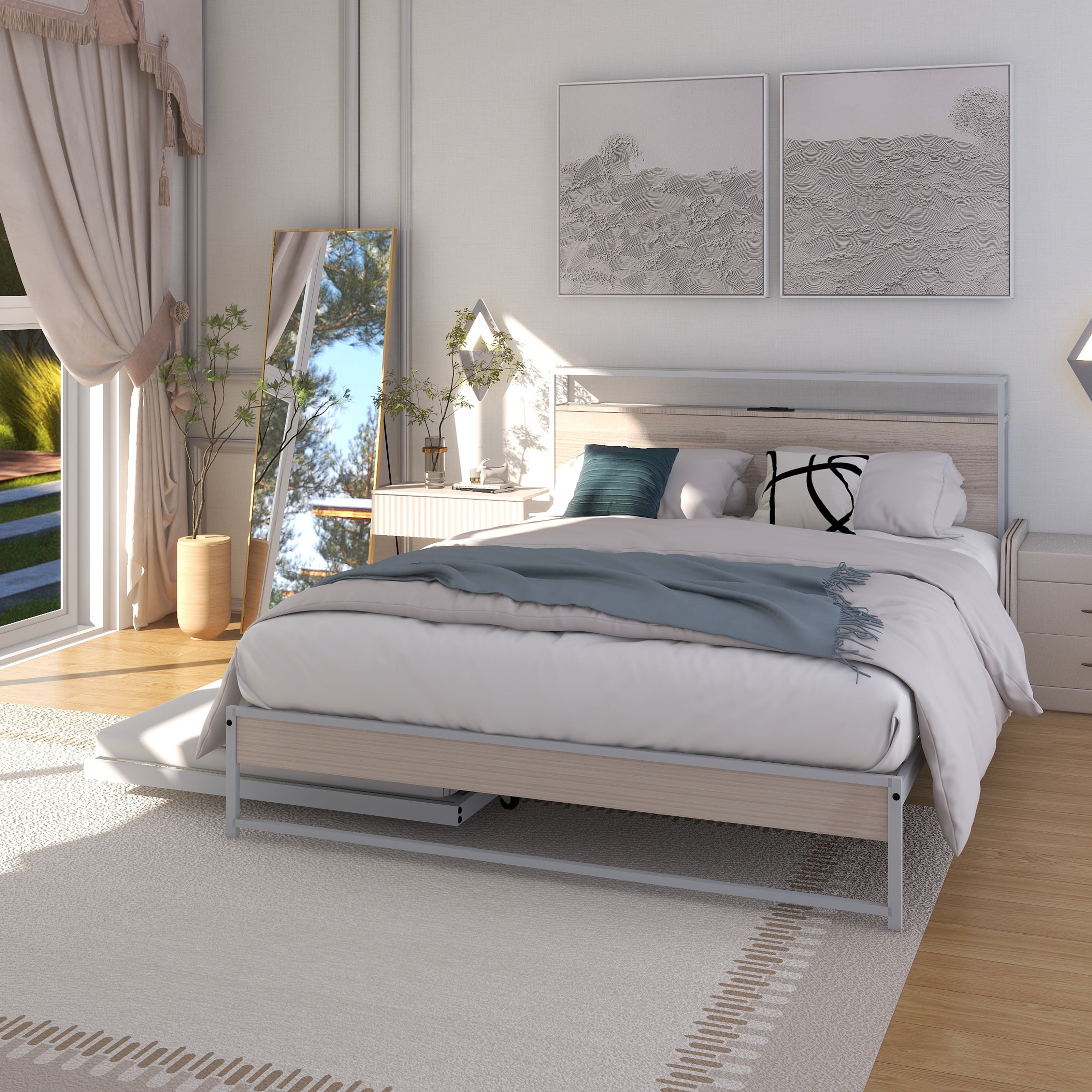 Queen Size Metal Platform Bed Frame with Trundle, USB Ports and Slat Support ,No Box Spring Needed White