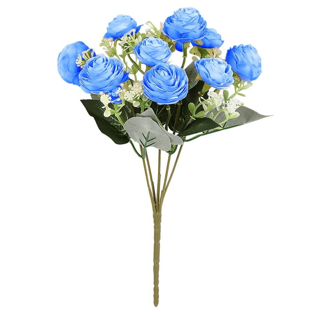 Brotes de flores de rosas artificiales Ceremonia de banquete de boda Tela de seda Ramo de flores falsas Decoración floral para el hogar, Azul Eigraketly HA6645-05B