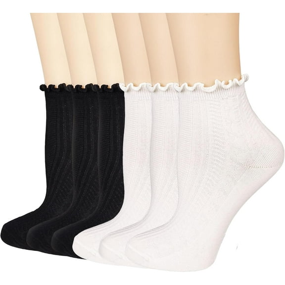 Zhengup Womens Ruffle Socks, Casual Ankle Socks Soft Breathable Cool Knit Cotton Lettuce Frilly Sock 6 Pack