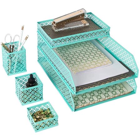 BLU MONACO Aqua Desk Organizer Set for Women – 6-Piece Interlocking Office Supplies Set, Pen Cup, 3 Accessory Trays & 2 Letter Trays, Rose Gold Paper Tray Holder