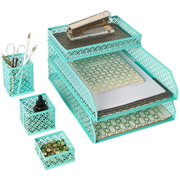 BLU MONACO Aqua Desk Organizer Set for Women – 6-Piece Interlocking Office Supplies Set, Pen Cup, 3 Accessory Trays & 2 Letter Trays, Rose Gold Paper Tray Holder