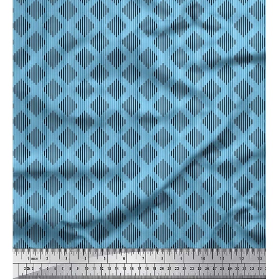 Soimoi Blue Cotton Voile Fabric Diamond & Stripe Fabric Prints By Yard 42 Inch Wide