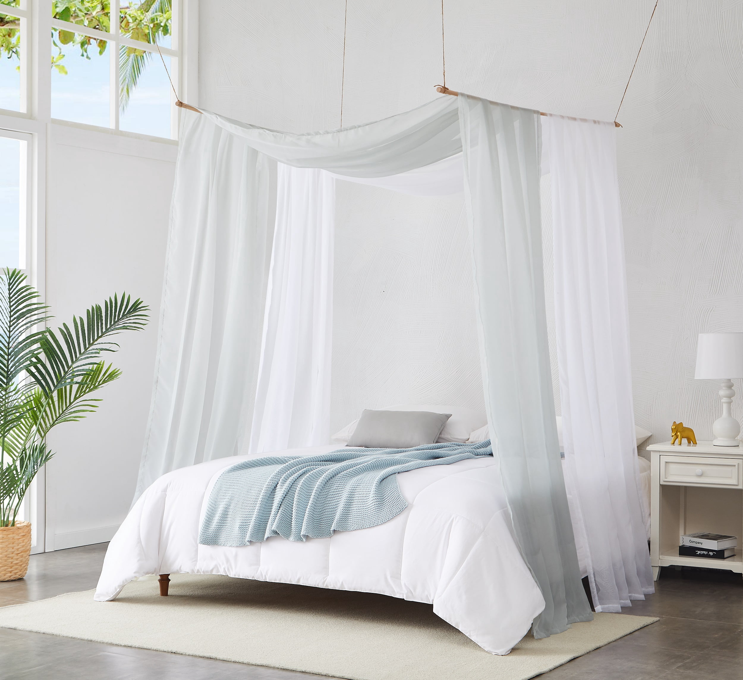 WARM HOME DESIGNS Set of 2 White & S Green Canopy Bed Curtains in 55 x 360 Inch Size. BE White & Silver 360