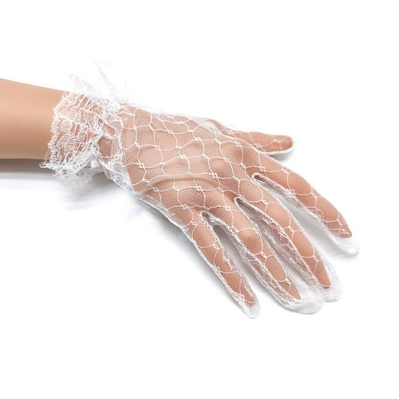 D-GROEE 2 Pairs Women Party Lace Elegant with Wrist Ruffle Bridal Wedding Gloves Solid Color See-through Lace Wedding Gloves