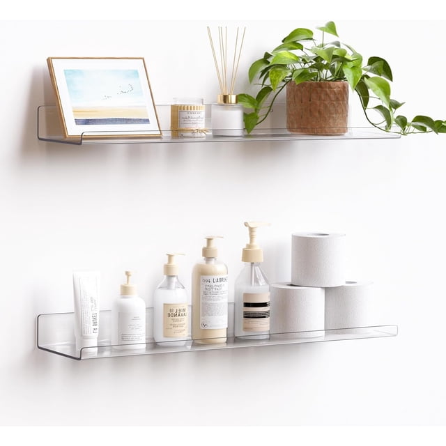 Paquete de 6 estantes acrílicos para almacenamiento en la pared, estanterías flotantes de 15" x 4" para niños, organizador de estantes de exhibición para baño, dormitorio, sala de estar, cocina,