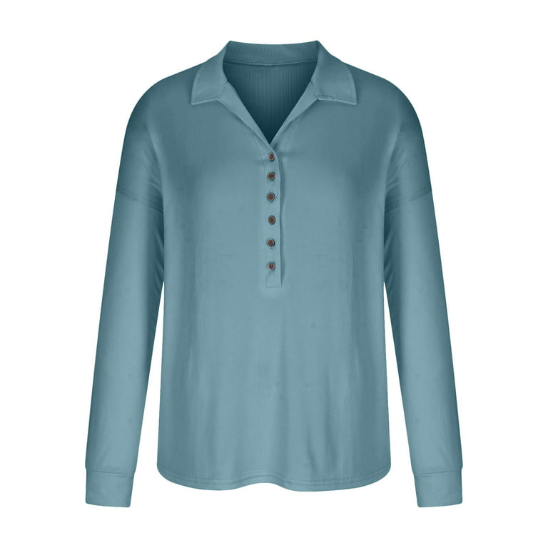 RYRJJ Womens Polo Shirts Button Down Collared Long Sleeve Ribbed Knit Tops  Spring Casual V Neck Loose Blouses(Light Blue,M)