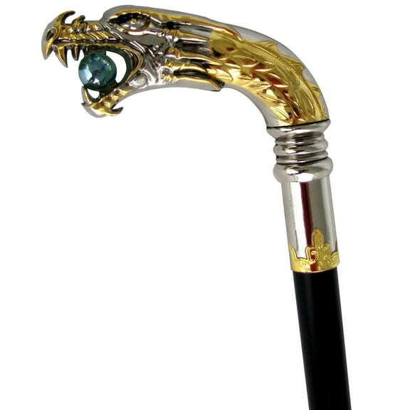 Medieval Silver Plated Dragon Head Cane Walking Stick Chrome Handle Metal Shaft