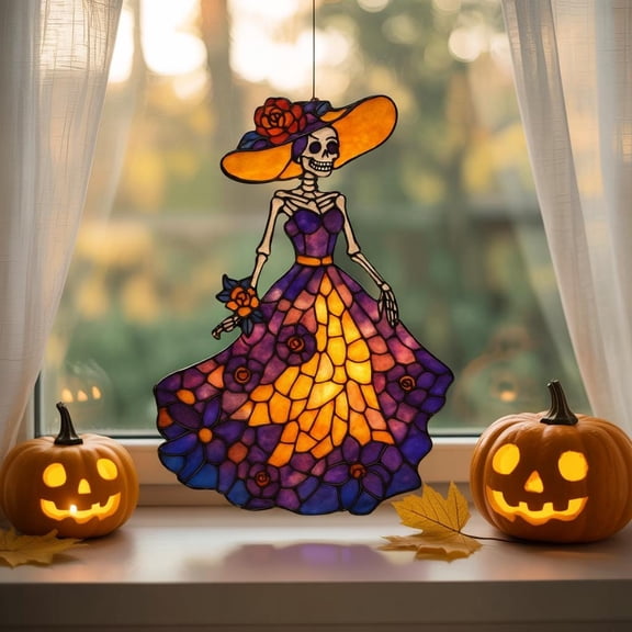 Day of the Dead Acrylic Suncatcher Día de los Muertos Window Hanging, Skeleton Lady Wall Art, Halloween Stained-Glass Style Decor