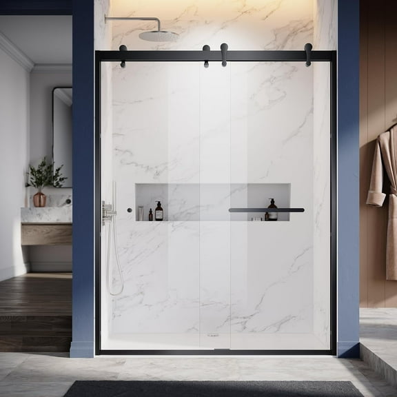 UKD08 46"-48" W X 76" H Double Sliding Shower Door with Frame - Hardware, 8mm Tempered Glass, Stainless Steel Hanger Rollers, Easy-Cleaning Coating, Through-Glass Towel Bar & Knob