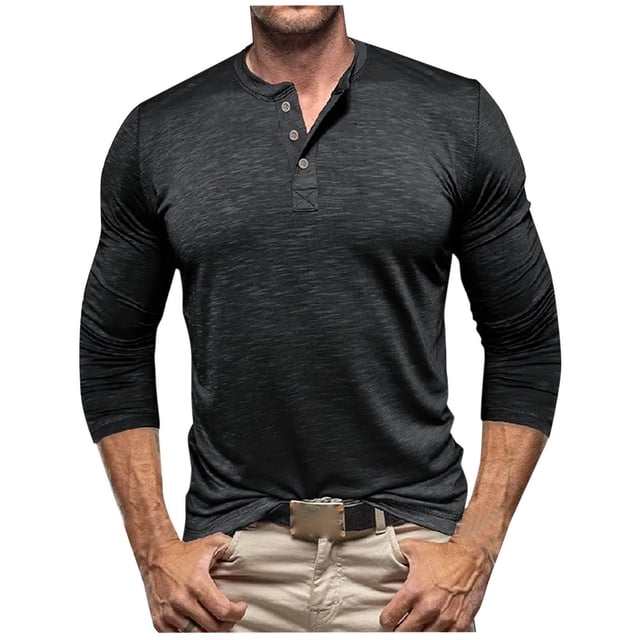 pstuiky Camisas casuales de manga larga para hombre, Camisas casuales de color liso con botones y manga larga y cuello redondo para hombre camisetas de hombre xxl