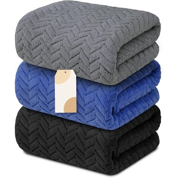 Toallas de Baño de Microfibra 3 Piezas – Juego de Toallas Corporales Ultra Suaves de Secado Rápido – Toalla Multiusos para SPA, Gimnasio, Viaje y Playa (Negro+Gris Oscuro+Azul Oscuro)