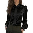 thumbnail image 2 of Dresfit Dress Shirts Womens Collared Polo Shirt with Bow Tie Summer Satin Long Sleeve Formal Tunic Spring Lantern Cuffs Loose Work Silk Blouses Black S, 2 of 4