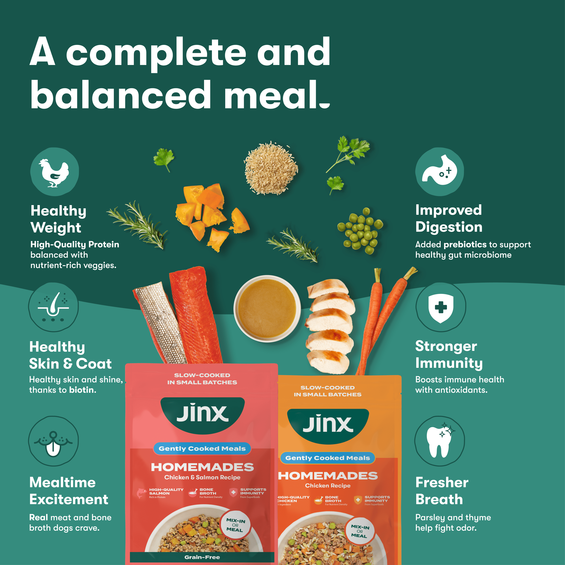 Jinx Homemades Chicken & Chicken/Salmon Recipe Wet Dog Food Meal Topper Variety Pack, 3 oz Pouch, 6pk