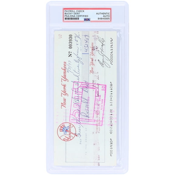 Bucky Dent New York Yankees Autographed Check from December 31, 1977 - PSA 84845895 - Fanatics Authentic Certified