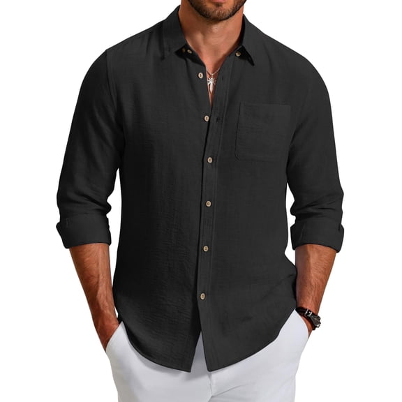 COOFANDY Men' Long Sleeve Button Down Shirt Casual Summer Beach Wedding Textured Linen Shirts for Men