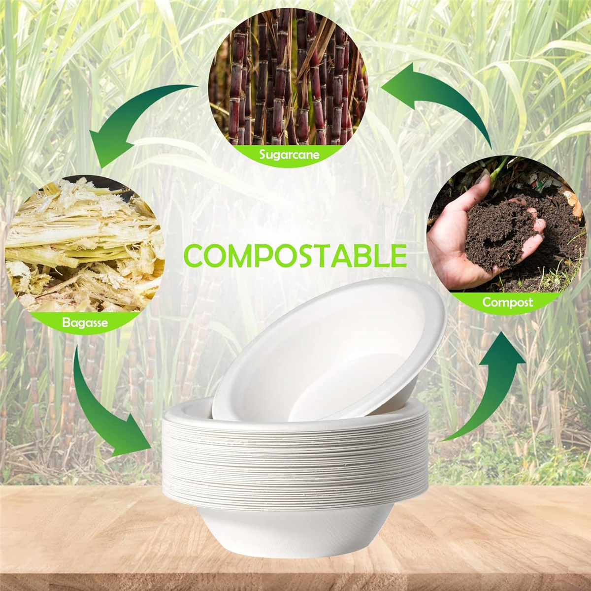 Bols Jetables En Canne à Sucre - 100 Pièces, 350 Ml - Compostables, Micro-ondables - Pour Fêtes, Pique-niques - 6