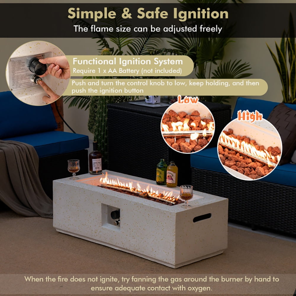 Barara King Fire Pit,Firebowl,42 Inch 50 000 BTU Rectangle Terrazzo Fire Pit Table with PVC Cover-White