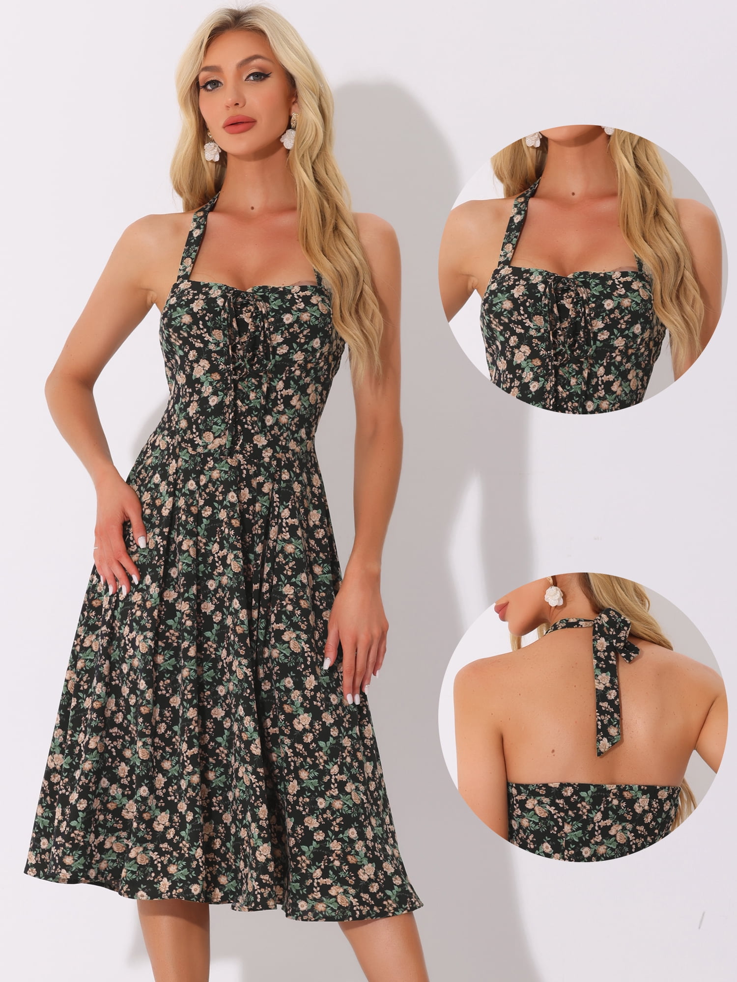 DARING DIVA Women's Halter Sleeveless Lace Up Floral Midi Dresses L Black