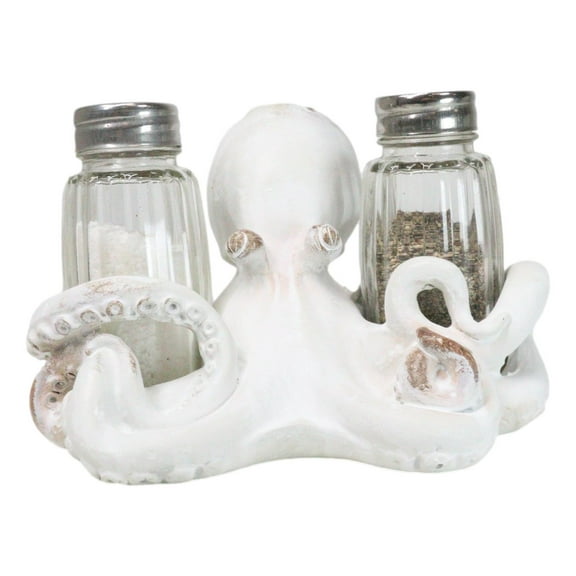 Antique White Nautical Marine Cephalopod Octopus Salt Pepper Shakers Holder Set