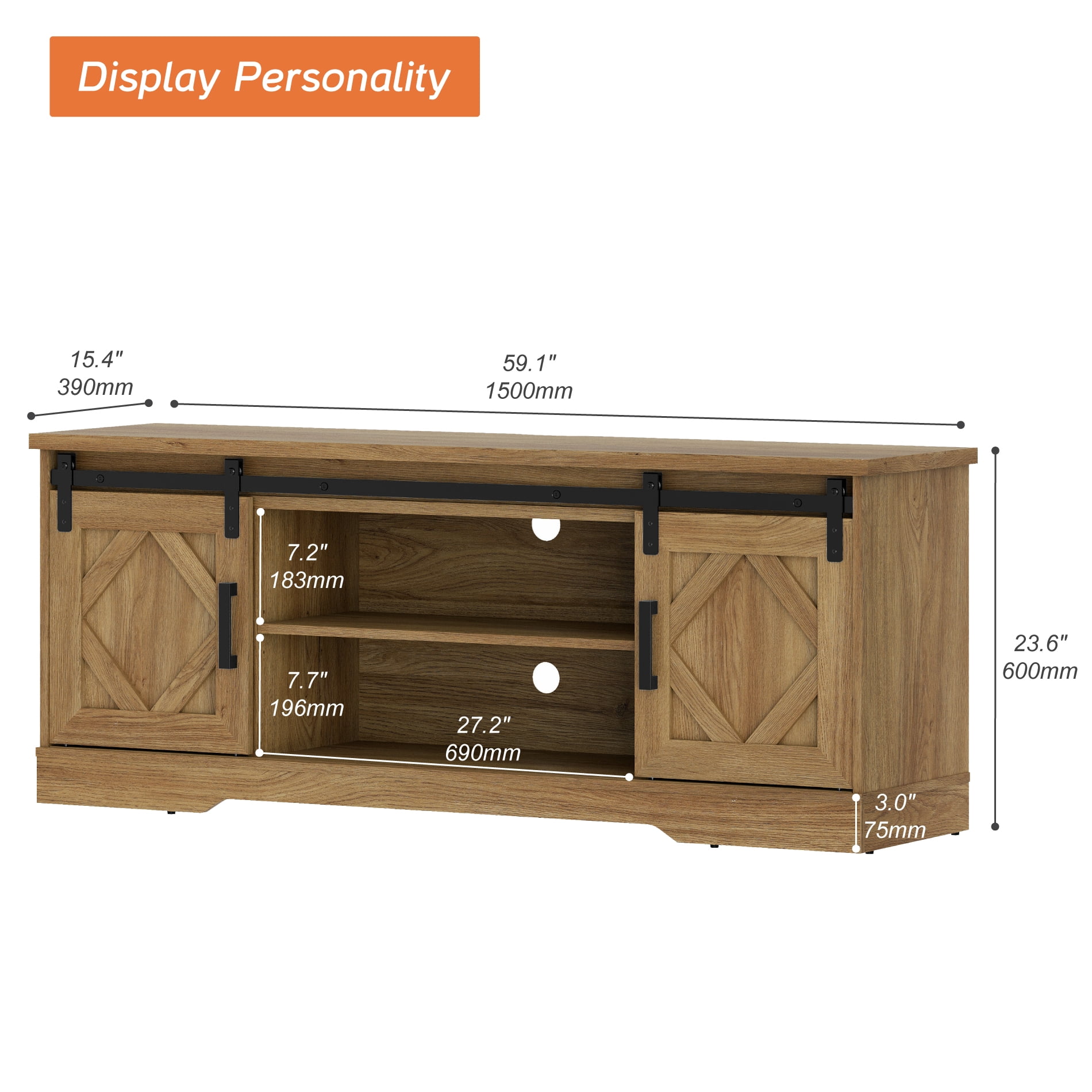 WAMPAT Farmhouse TV Stand with Sliding Barn Doors, Media Console with 3-Tier Adjustable Shelf for TVs up to 65", Rustic Wood Entertainment Center for Living Room,Vintage Oak