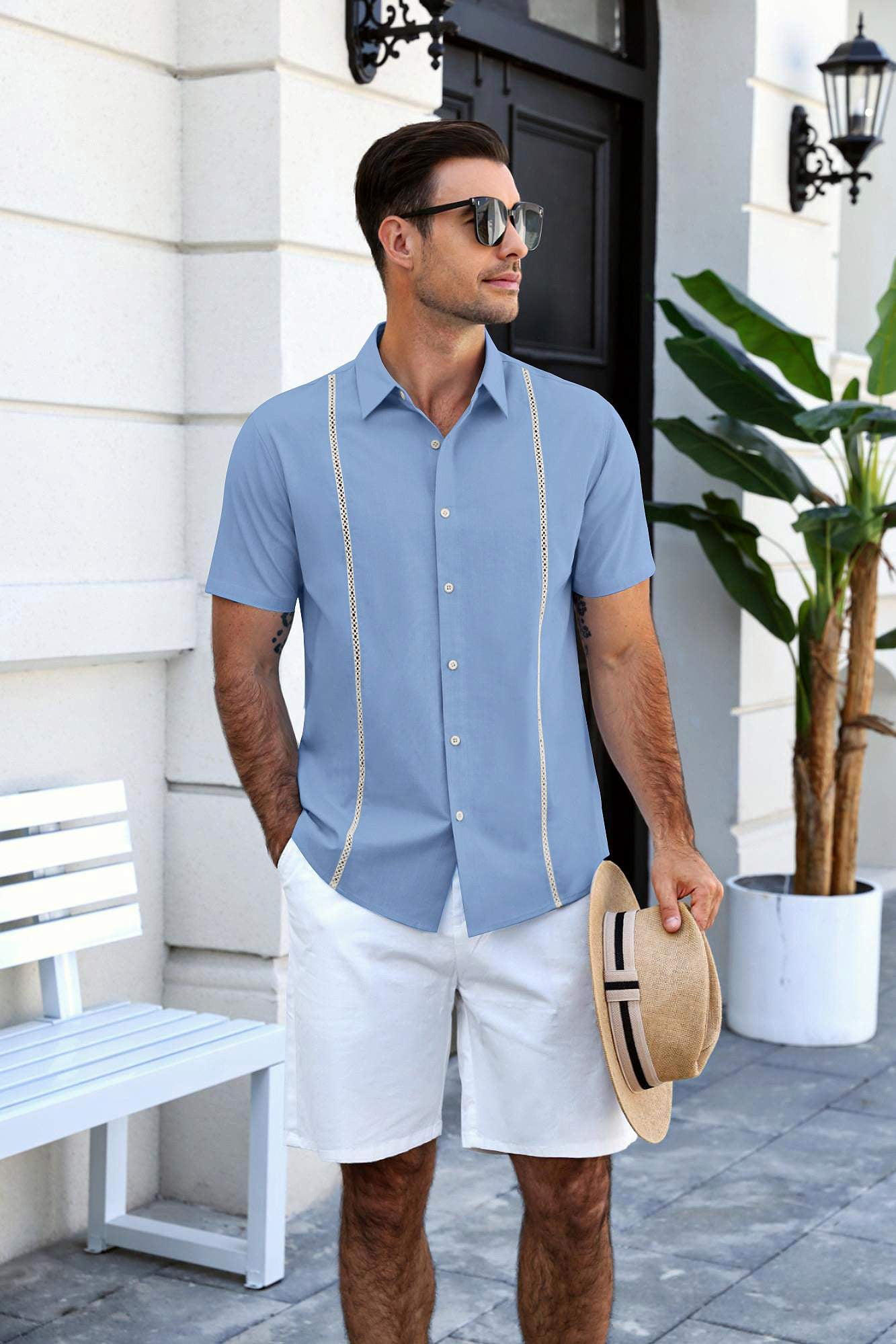 COOFANDY Men's Button Up Shirts Casual Short Sleeve Stripe Shirt for Men Casual and Office Wear