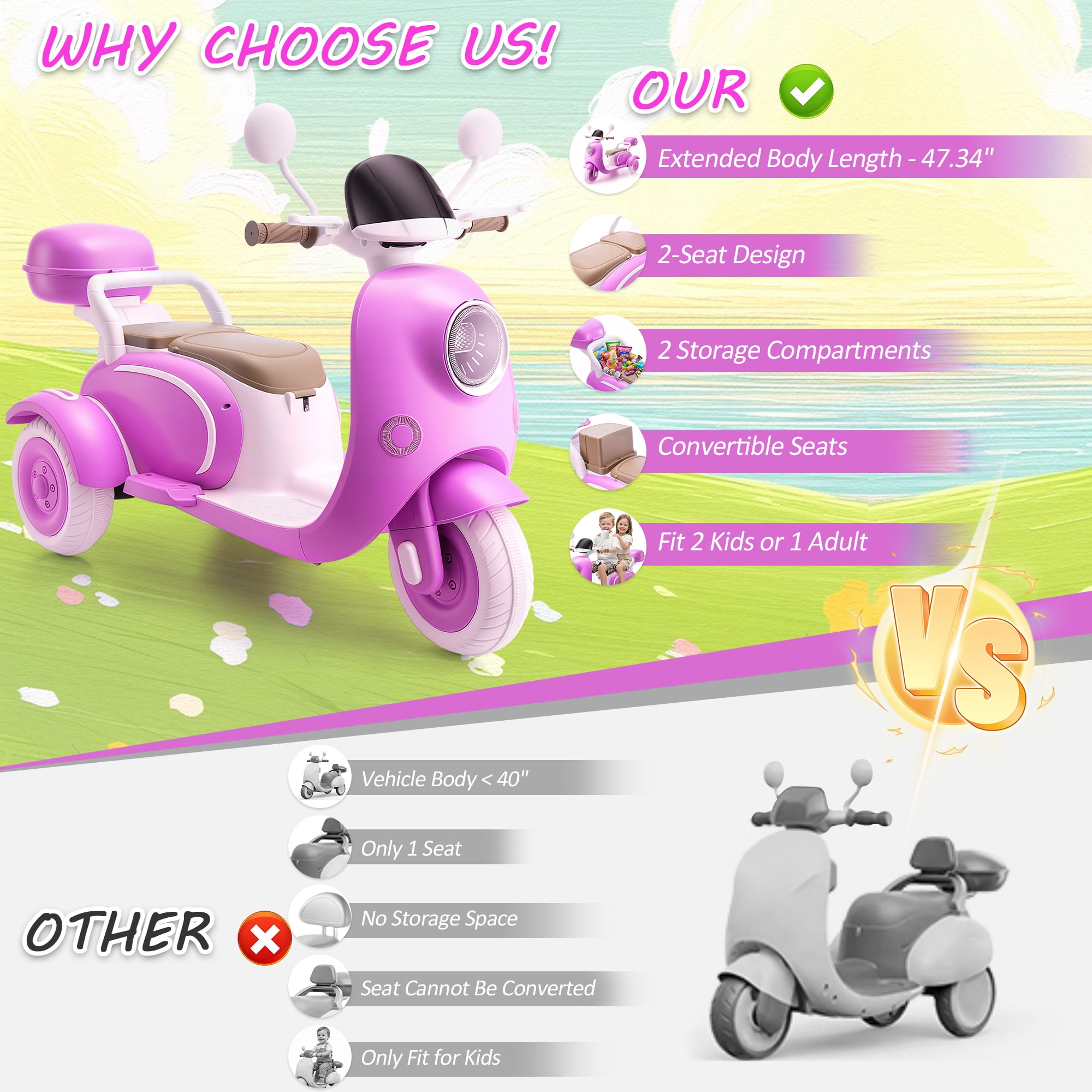 Farmdex 12V Kids Electric Motorcycle, 2 Seater Ride on Toys, 3 Wheel Ride on Motorcycle with Storage Box, USB, Music, LED Lights, Age 2+, Rose Red