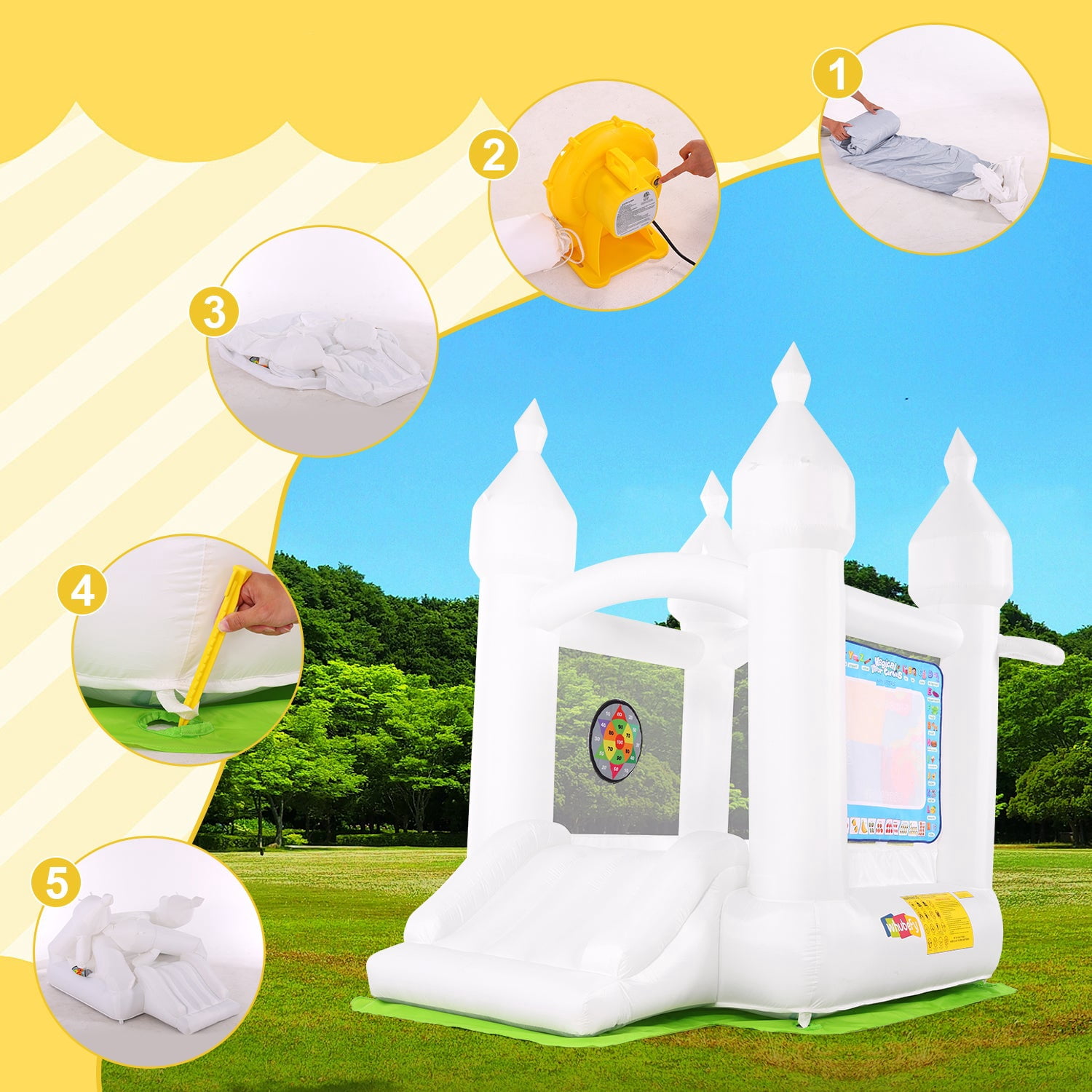 Funcid Inflatable Bounce House, Indoor Outdoor Bouncy Castle with Slide, Blower & 108 Air Balloons for Kids 3-8, 102"x70"x97", White