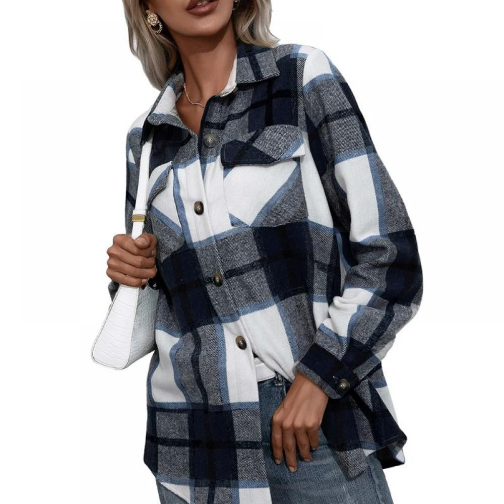 Rouyamiao Womens Casual Lapel Plaid Button Short Pocketed Shacket Long Sleeve Shirt Jacket 