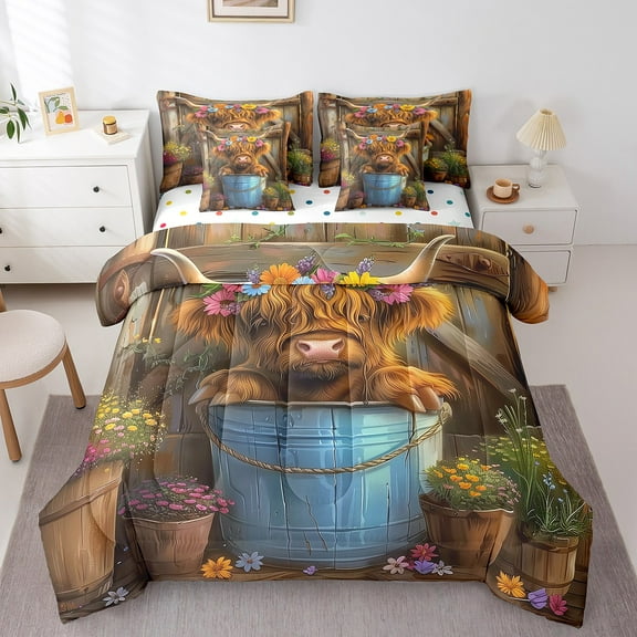 Erosebridal Highland Bull Bedding, Rustic Farmhouse Bed in a Bag, Cute Animal Reversible Bed Set, Ultra Soft Room Decoration, 7-Piece