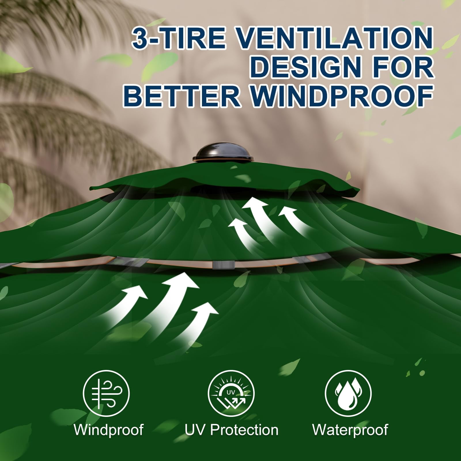 10FT 3-Tier Aluminum Outdoor Patio Umbrella, Fade-Resistant Market Umbrella with Push Button Tilt Function, 8 Sturdy All-Aluminum Ribs for Gardens, Patios, Backyards & Pools (Green)