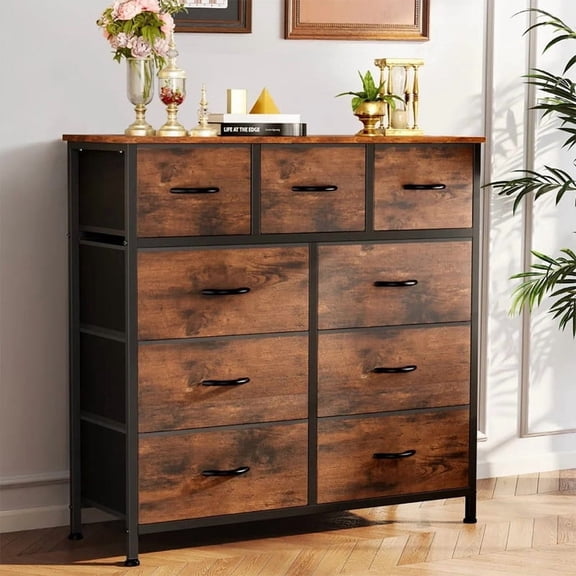 Nextay 9 Drawer Dresser, Fabric Storage Tower Organizer with Wood Top and Steel Frame for Bedroom, Closet, Hallway, Entryway,Brown
