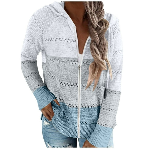 Outfmvch sweaters for women Fashion Casual Patchwork s Hooded Sweater Cardigan Zipper Coat womens tops womens sweaters Blue