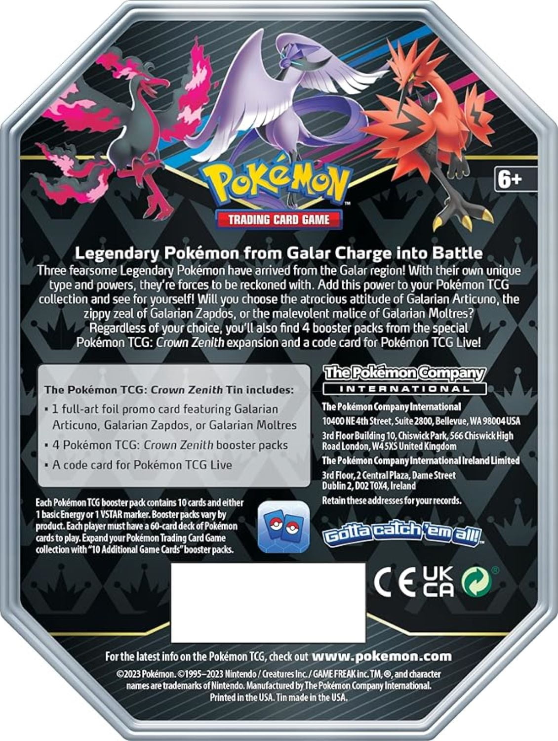 Pokemon Trading Card Games SAS 12.5 Crown Zenith Galarian Tin - Moltres 4 Booster Packs