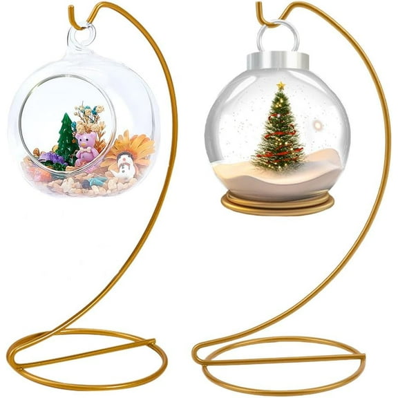 2pcs Ornament Display Stand Holder Glass Globe Golden Iron Wire Stand Hanging Hook Holder Rack for DIY Christmas Bauble Lanterns Hanging Air Plant Terrarium Ball Decor DIY Craft Display