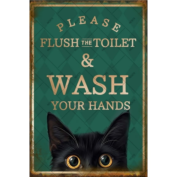 Noete Black Cat Metal Tin Signs 8x12 Inch, Vintage Funny Please Flush Toilet Wash Your Hands Wall Decor for Home, Office, Cafe, Bar & Pub