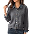 thumbnail image 3 of Fengqque Women’s Denim Collar Button Down Cardigan Sweaters Long Sleeve Cuffed Denim Trim Loose Fit Outerwear Tops Dark Gray Free Size, 3 of 6