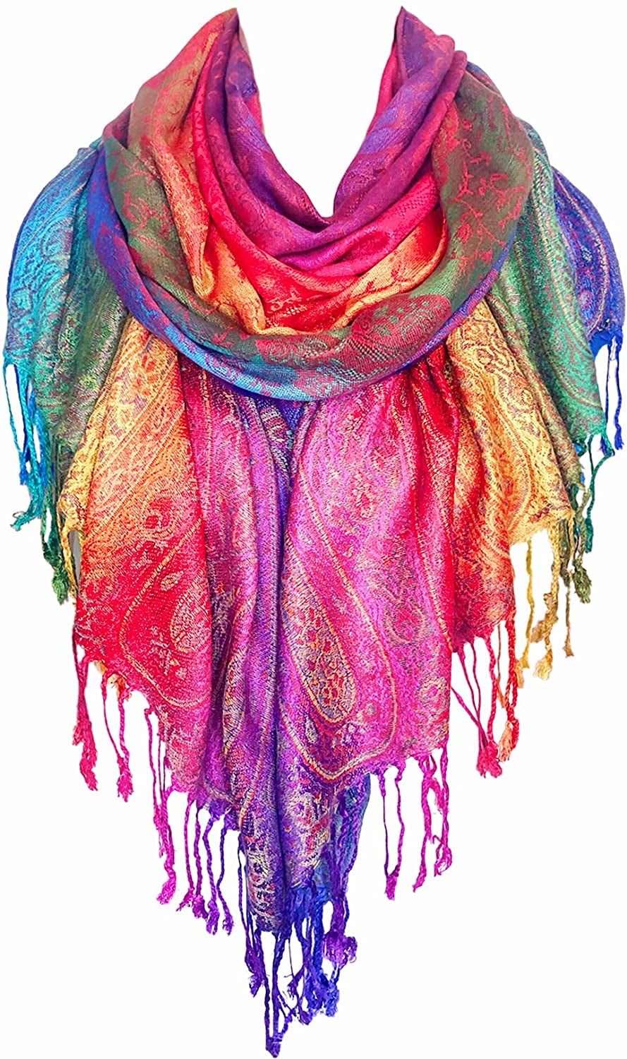 Ladies Brown Long Rainbow Paisley Scarf Pashmina Shawl Vintage Multi Colour Wrap 