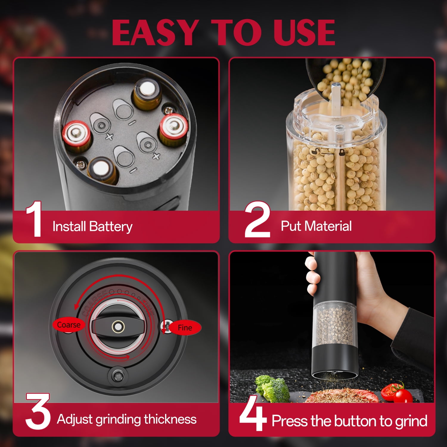 TINANA Electric Salt and Pepper Grinder Set, Automatic Battery-Powered Pepper Mill Shakers with Adjustable Coarseness, One-Hand Operation, Kitchen Gift for Home Cooking & BBQ