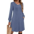 thumbnail image 4 of WTOBBY Women's Solid Color Casual Fashion V-Neck Long Sleeve Mid-Length Dress Elegant Simple Design for Daily Wear and Occasions,Blue L, 4 of 4
