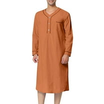 Men's Muslim Nightgown Long Sleeve Nightshirt Cotton Solid Color Knee Length Comfy Henley Sleep Shirt Loungwear with Pocket