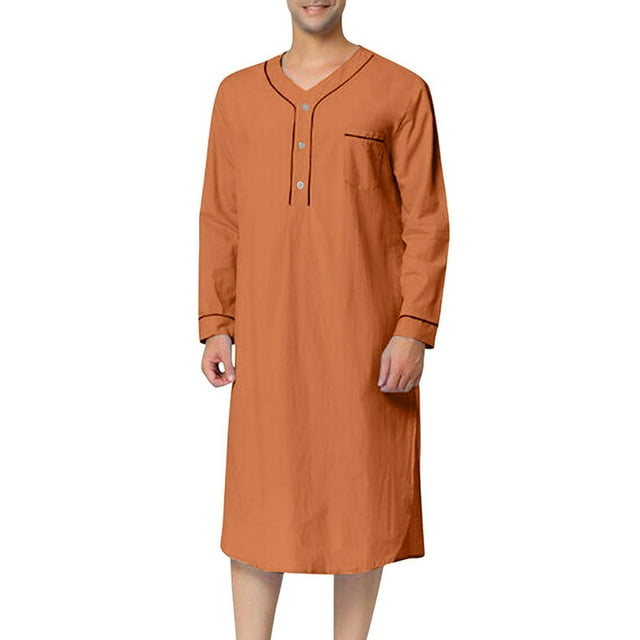 PEZHADA Robe pour Hommes Homme Robe Musulmane Moyen Manche Longue Col Montant Bouton Tenue d'Intérieur Confortable Ample Robe de Nuit Robe Orange