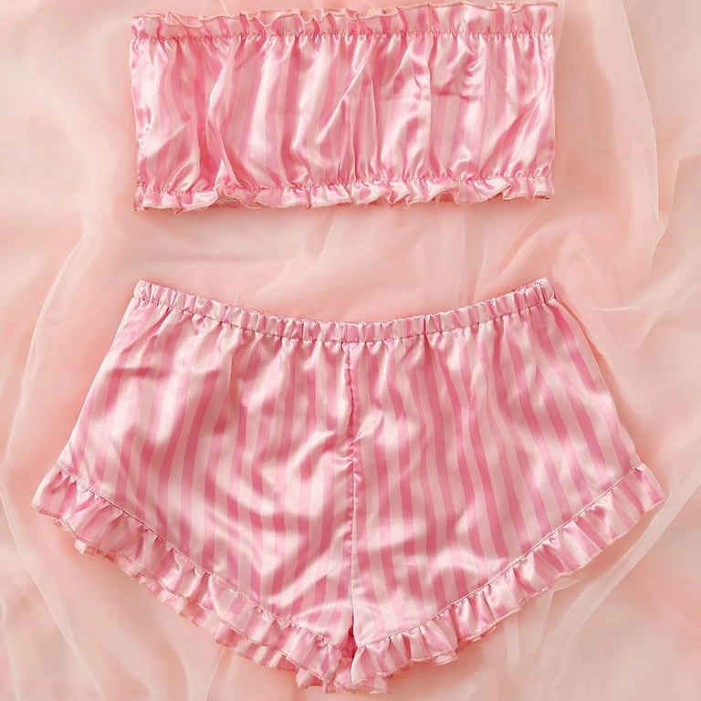 QWERTYU Womens 2 Piece Pajama Set Silk Ruffle Striped Strapless Crop Top  Shorts Set Pj Set Casual Nighty Pink S