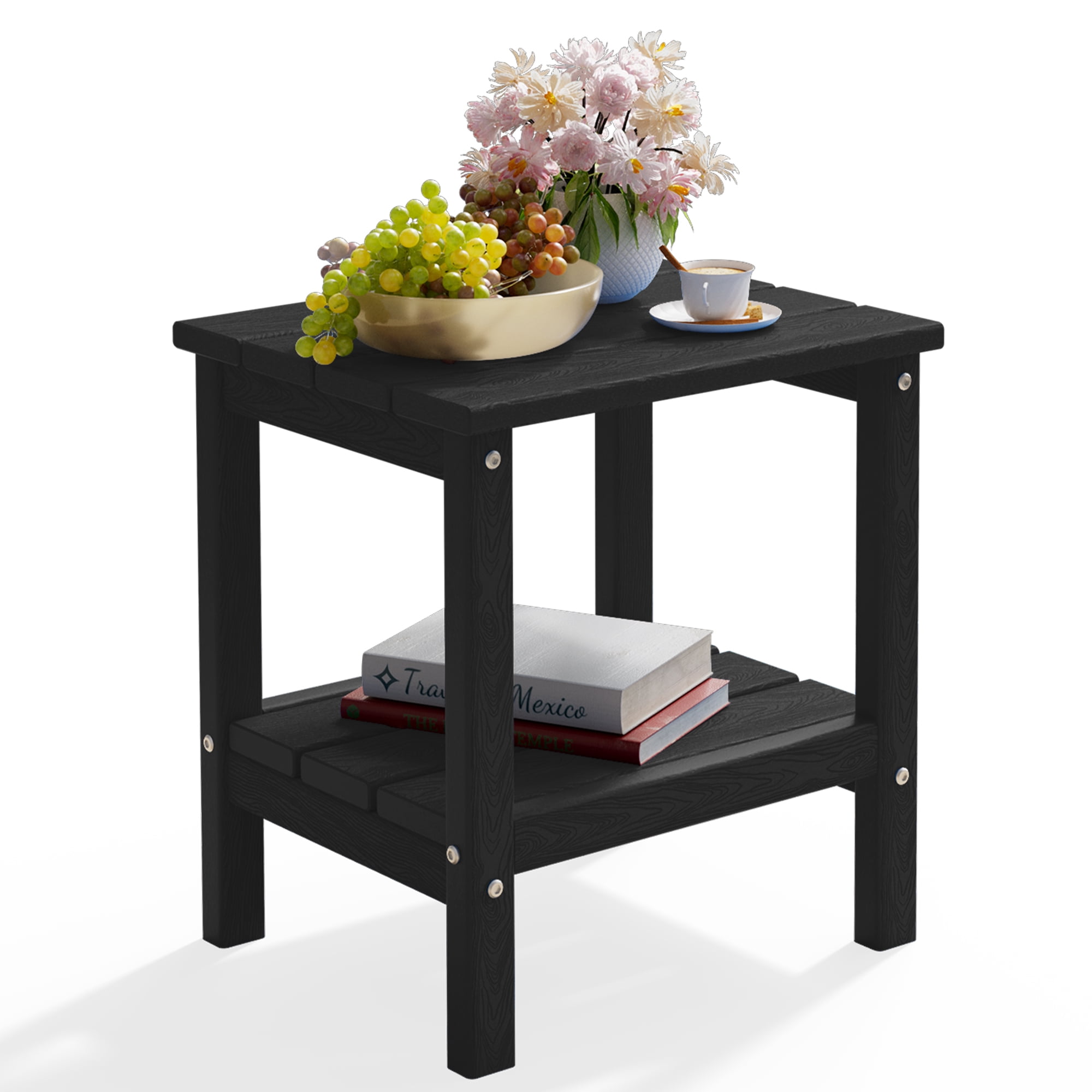 FUNDAZE HDPE 2-Layer End Table for Living Room, Outdoor Side Table, Patio Small End Table, Black