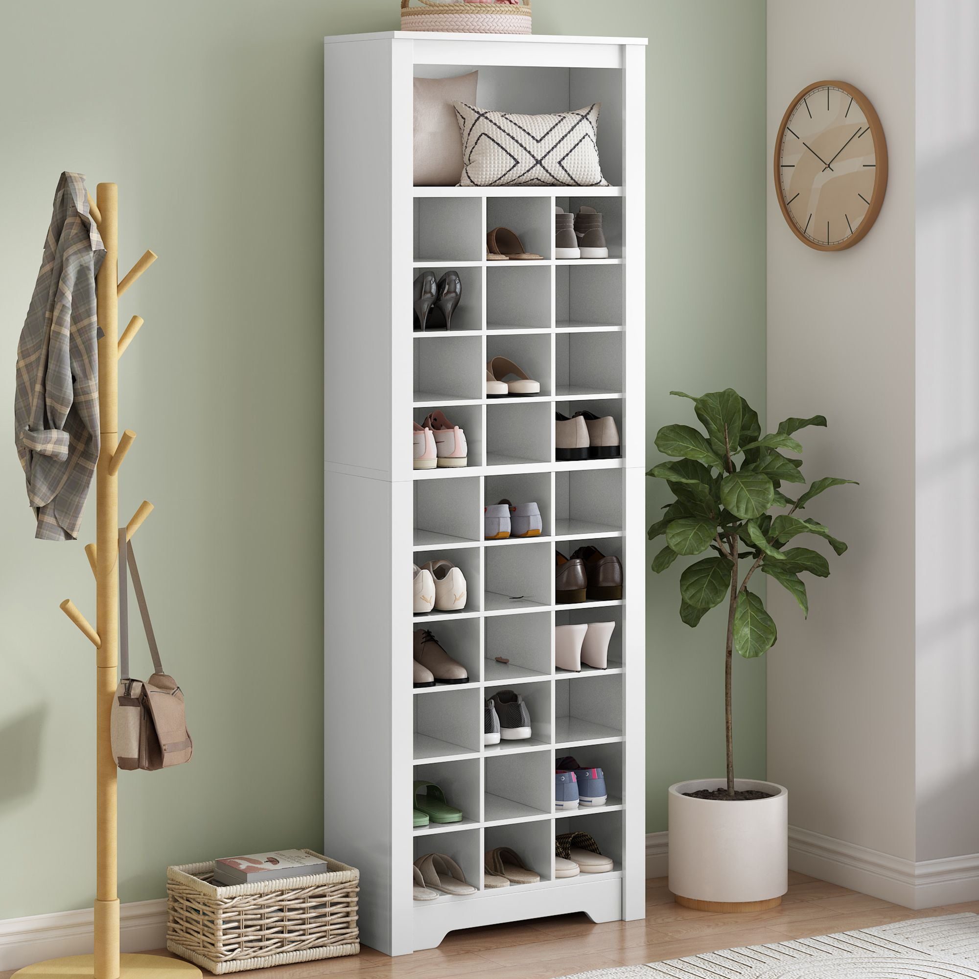 DEALTOPS Modern Freestanding Shoe Cabinet with 30 Square Shoe Compartments, Tall Stylish Shoe Rack with Large Storage Capacity for Entryway - White
