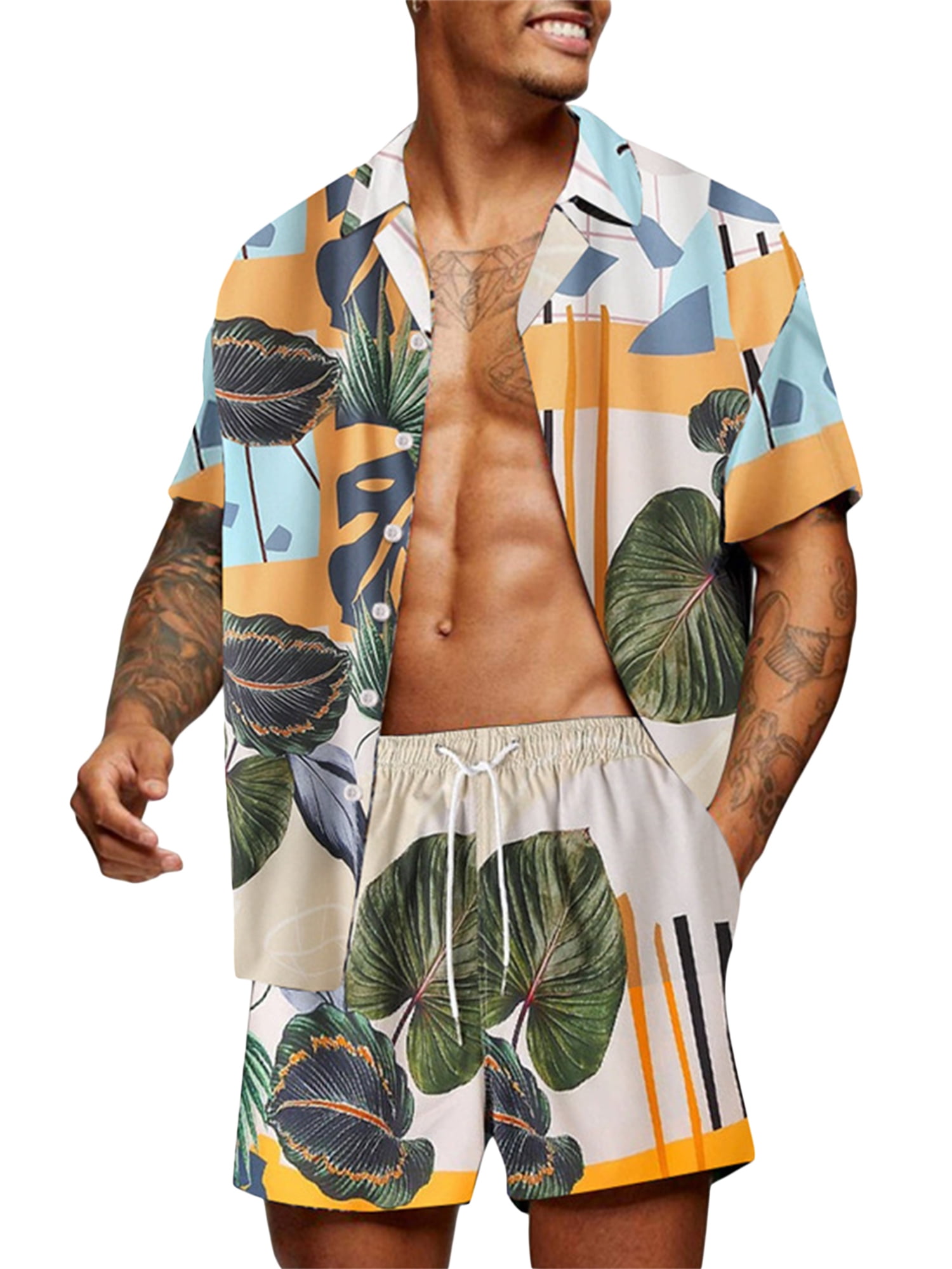 Mens Floral 2 Piece Tracksuit Short Sleeve Top and Shorts 